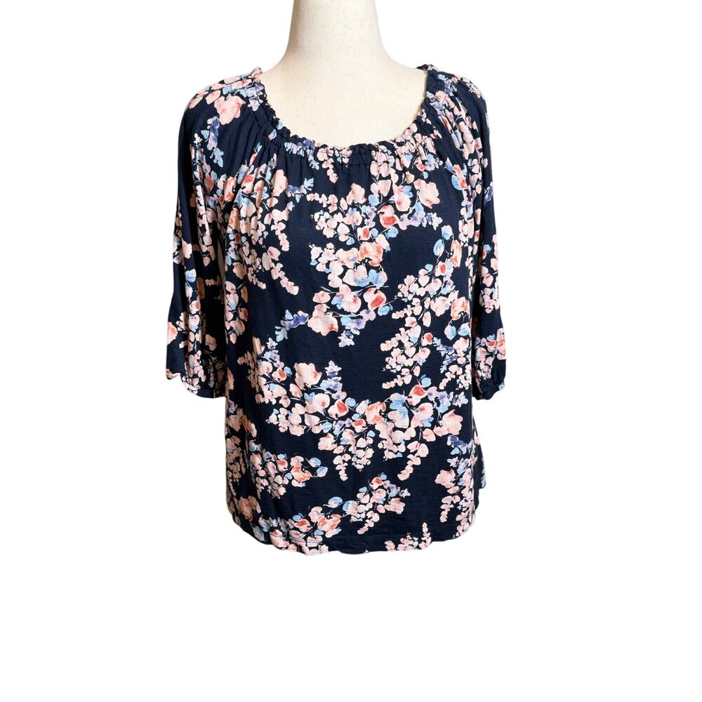 J. Jill top blue floral elbow length sleeve gathered scoop neck popover Sz M